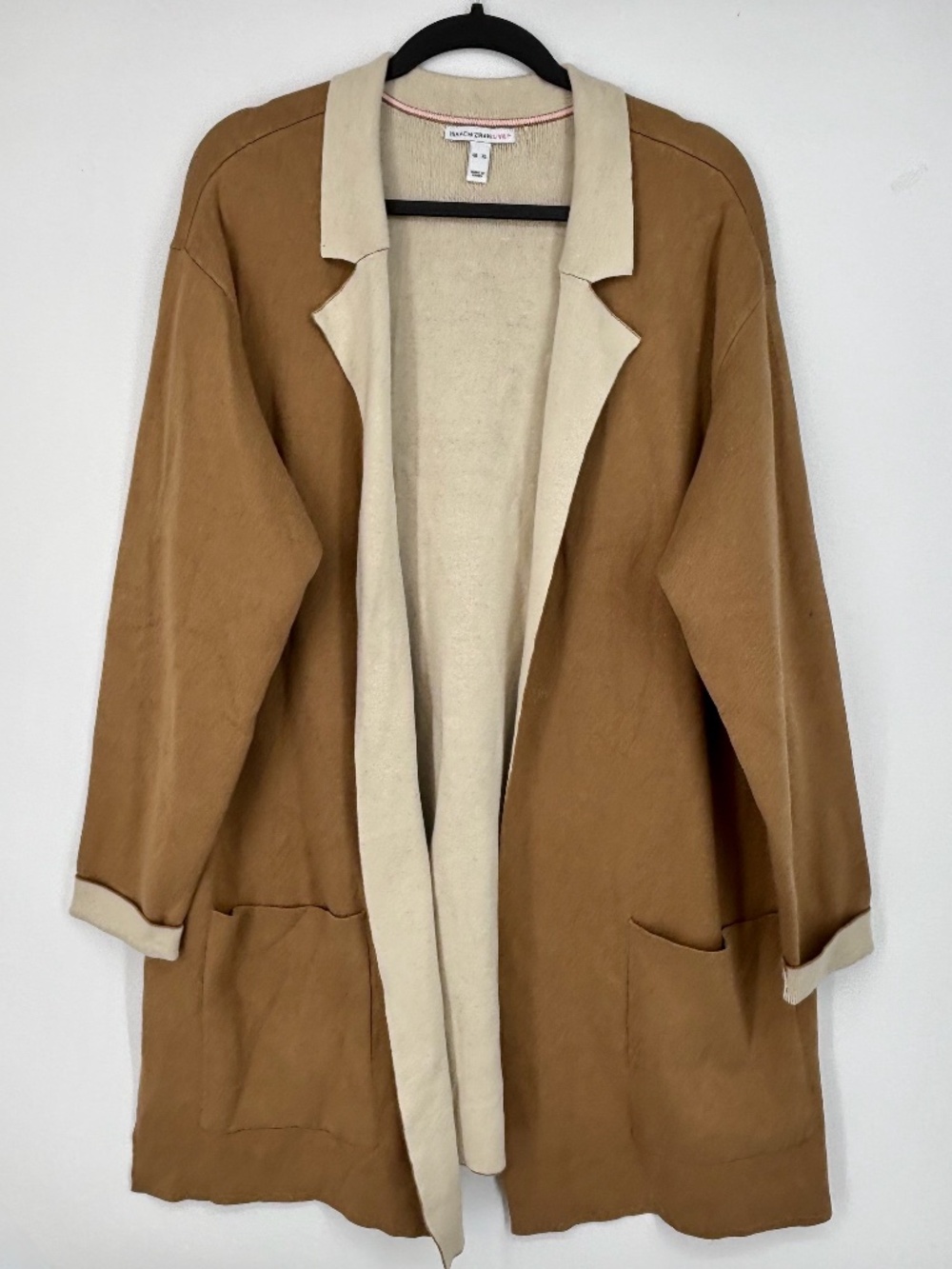 Isaac Mizrahi Womens XL Open Front Cardigan Sweater Tan Beige Lining Long Sleeve